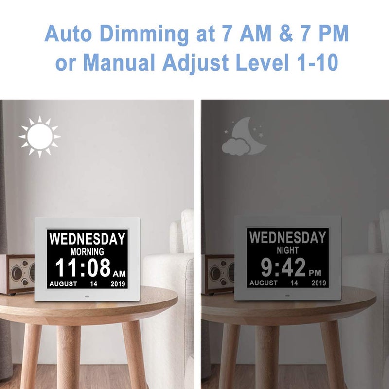 Aowasi [Upgraded 10 Inch] Digital Day Calendar Clock Auto-Diming & 8 Alarms Options Extra Large Non-Abbreviations Dementia Impaired Vision Senior Clocks for Memory Loss Alzheimer Eldarly - Image 3